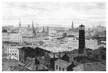 Vista da cúpula dos tribunais, Melbourne, Victoria, Austrália, 1886