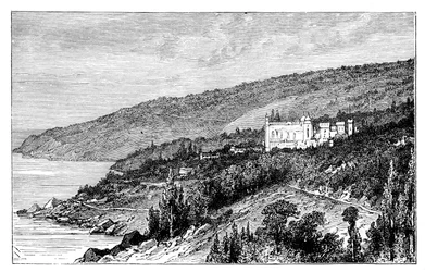 Vista na Crimeia: o palácio Woronzow, Alupka, Ucrânia, c1888
