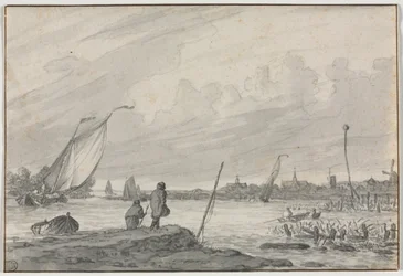 Vista de Alkmaar com barcos, 1600s.