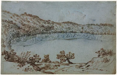Vista do lago Nemi reto Grupo pequeno de ruínas romanas verso, c. 1650