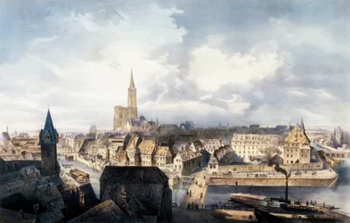Vista de Estrasburgo (França) a partir da torre Saint Guillaume. Litografia em cores.