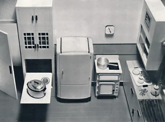 Vista de uma cozinha, projetada por HMV Household Appliances, 1938