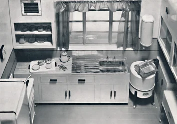Vista de uma cozinha, projetada por HMV Household Appliances, 1938