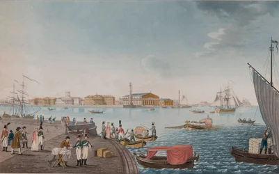 Vista do rio Neva e da bolsa de valores em São Petersburgo, início do século XIX