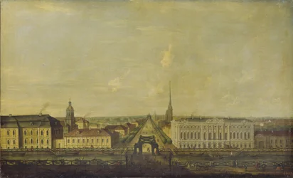 Vista do Nevsky Prospekt da ponte da polícia com o Palácio Stroganov, segunda metade do século XVIII.