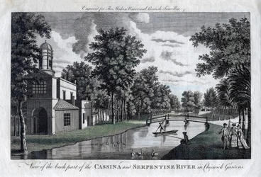 Vista da parte traseira do rio Cassina e Serpentine em Chiswick Gardens, Londres
