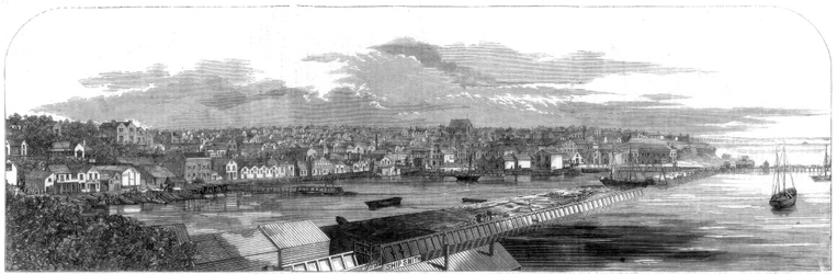 Vista da cidade de Auckland, Nova Zelândia, com o novo aterro comercial, 1860