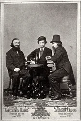Violinista Johann Pickel com os compositores Eduard Nápravník e Anatoly Lyadov, século XIX