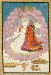Vishnu e Lakshmi assentados em uma flor de lótus, no início de 1800.