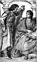 Waldenses missionarytroubador mostrando sua Bíblia vernacular, c1170