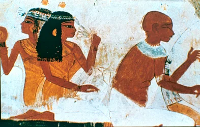 Pintura de parede, detalhe do casal falecido, tumba de Nakht, Tebas