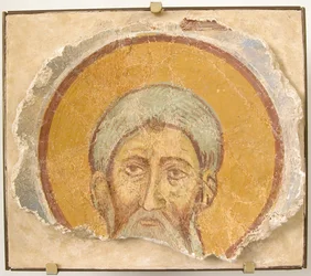 Pintura mural de Santo Masculino, século XII, restauro moderno.