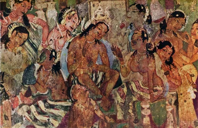 Pintura de parede das Cavernas de Ajanta de Raja Mahajanaka, c480