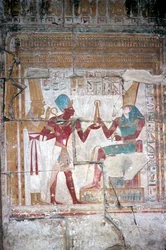 Pintura mural de Sethos I antes de Hórus, Templo de Sethos I, Abydos, Egito, 19ª Dinastia, c1280 aC