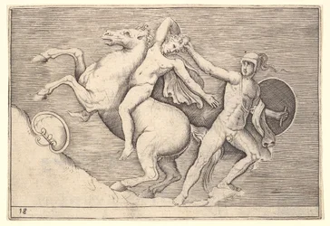 Guerreiro puxando um cavaleiro de seu cavalo, de Ex Antiquis Camorum et Ge ..., publicado ca. 1599-1622.