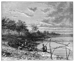 Lavagem de areia para diamantes nas margens do rio Vaal, África do Sul, c1890