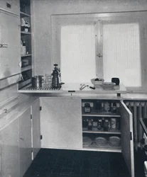 Werner Harting - Cozinha com piso de azulejo preto holandês, paredes brancas e prateleiras embutidas e cupbo