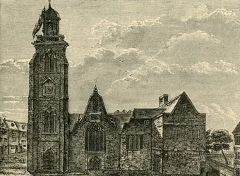 Vista oeste da igreja velha de St. Martins-in-the-Fields, puxada para baixo em 1721, 1881.