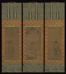 Guanyin de túnica branca com Hanshan e Shide, século XIV.