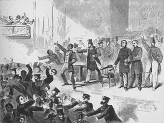 William Lloyd Garrison tentando realizar uma reunião de aniversário de John Brown no Templo de Tremont, Boston,