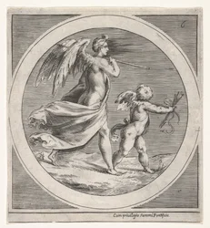 Figura feminina alada, drapejada e carregando um cajado, caminhando atrás de um putto alado..., c. 1550-1600.