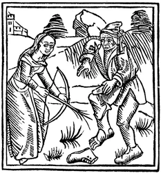 Bruxa atirando em um homem no pé com uma flecha encantada feita de uma varinha de avelã, 1489
