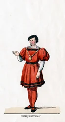Secretário de Wolseys, figurino para a peça de Shakespeares, Henrique VIII, século XIX