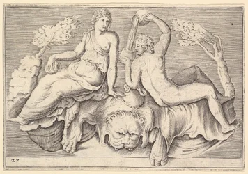 Mulher e homem sentado em Lionskin, Man Douring Wine, publicado ca. 1599-1622.