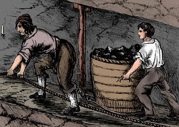 Mulher e menino trabalhando em uma mina de carvão, Bolton, Lancashire, 1848