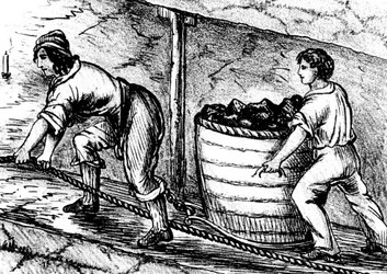 Mulher e menino trabalhando em uma mina de carvão, Bolton, Lancashire, 1848