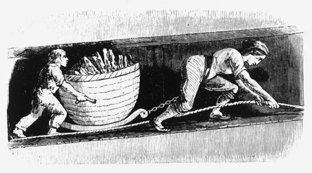 Mulher e menino desenhando uma corveta contendo 3-4 cwt de carvão, Bolton, Lancashire, 1848