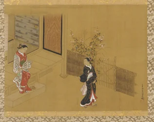 Mulher nos degraus da varanda, outra no jardim, período Edo, século XVIII.