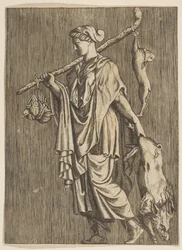 Mulher voltando de uma caçada carregando um javali na mão esquerda e uma vara no r..., c. 1515-1600.