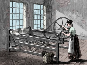 Mulher a usar uma máquina de fiar Jenny, c. 1880