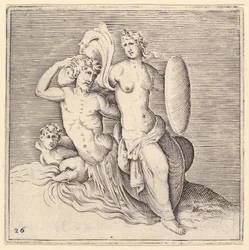 Mulher com escudo sentado em Seamonster, publicado ca. 1599-1622.