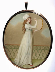 Mulher com pandeiro, em traje neoclássico, de meados ao final do século XIX.
