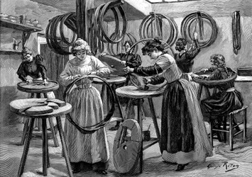 Mulheres fabricando pneus para bicicletas, França, 1896
