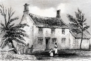 Woolsthorpe Manor, perto de Grantham, Lincolnshire, local de nascimento de Sir Isaac Newton, 1840