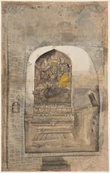 Adoração da imagem de pedra de Shiva e Parvati dentro de um lingam, c. 1710