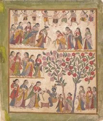 Yashoda liga as mãos de Krishnas: página de um manuscrito disperso do Bhagavata Purana, 1640-50.