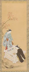 Jovem e uma donzela perto de um poço, período Edo, 1615-1868.