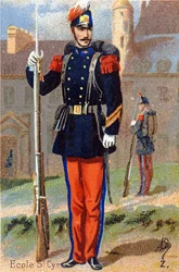 Z: Escola de Saint Cyr . Gravura em "Alfabeto Militar" . Iniciais do Ilustrador : A. D. Editora desconhecida. Cromolitógrafos do final do século XIX. Dim: 10,5x7cm .