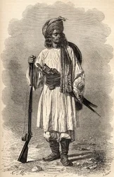 Um soldado afegão, ilustração de "O mundo nas mãos", gravado por H. Koch, publicado em 1878