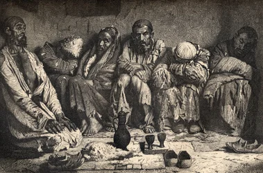 Um antro de ópio na Ásia Central, ilustração de "O mundo nas mãos", gravado por Charles Laplante (d.1903), publicado em 1878