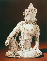 Ching-te-Chen figura esmaltada branca de Arolo Papagaios Vara, Dinastia Yuan, final do século XIII ao início do século XIV