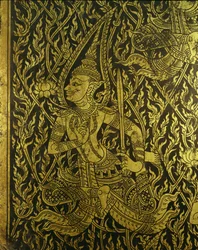 Detalhe de um gabinete tailandês, madeira ebonised incrustada com latão