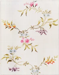 Design floral de cravos e rosas para um tecido de seda a ser tecido em Spitalfields, por Anna Maria Garthwaite (1690-1763), 1744 (wc no papel, quadrado para transferência)