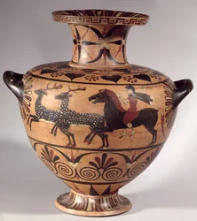 Hidria, cena de caça, grego arcaico, período ertrusco-jónico, c.540-530 aC (cerâmica)