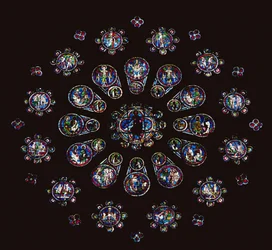 Instrumentos da Paixão e cenas do Juízo Final; janela rosa oeste, porção central, c.1222