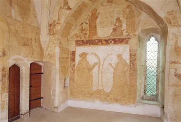 Pinturas de parede interiores que mostram, torre de Longthorpe, Cambridgeshire